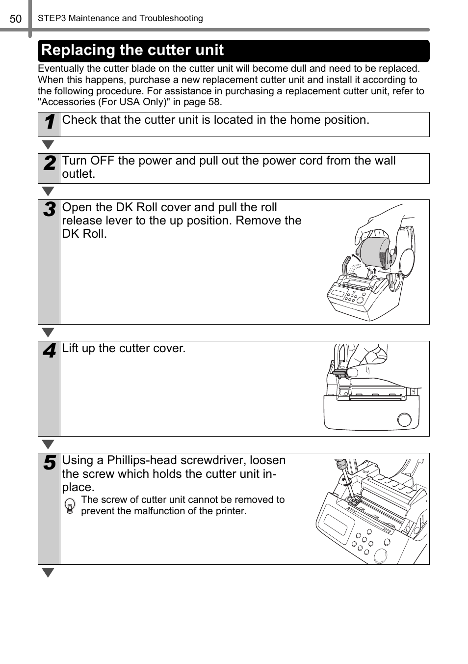 Replacing the cutter unit | Brother QL-650TD User Manual | Page 50 / 121