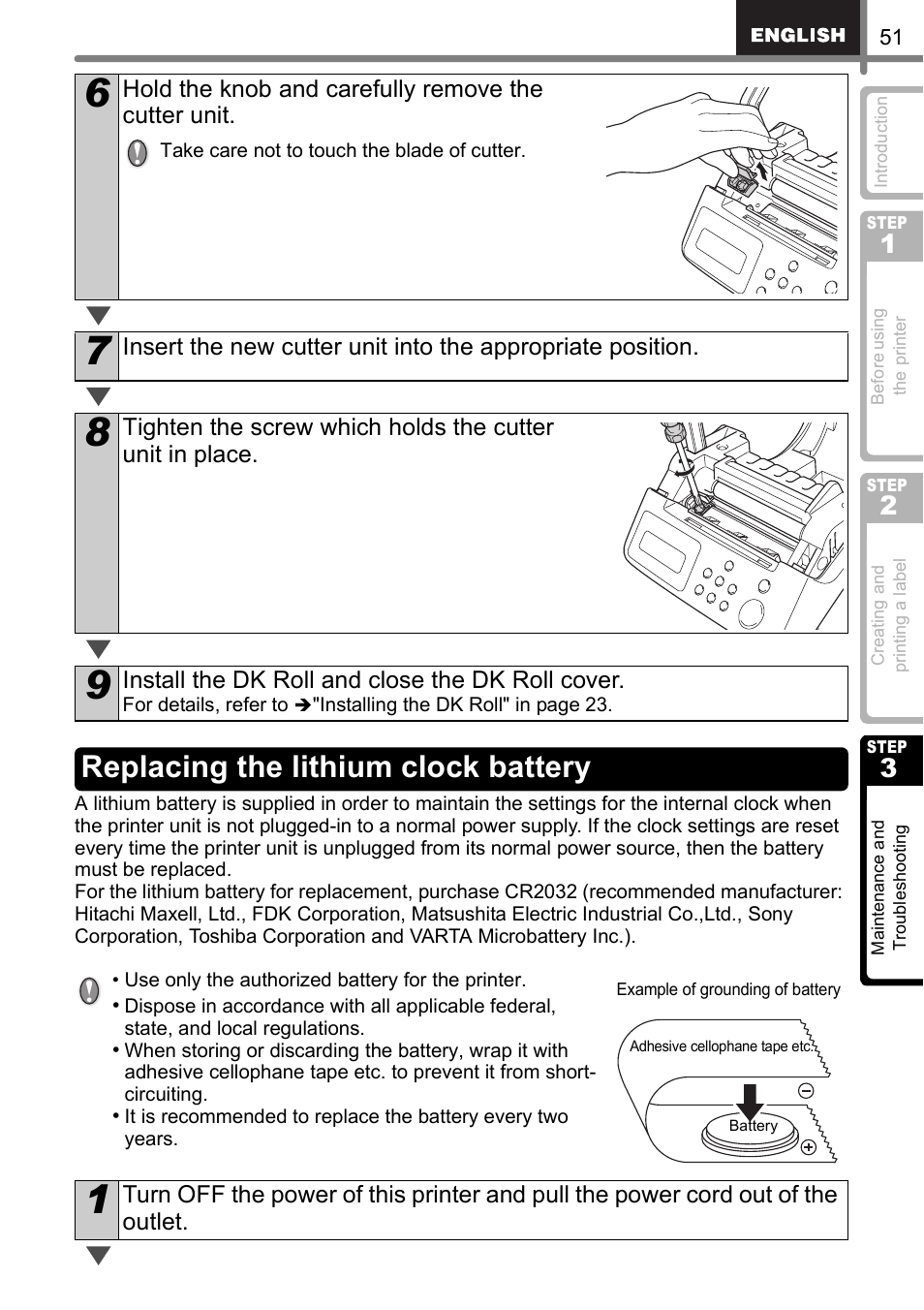 Replacing the lithium clock battery | Brother QL-650TD User Manual | Page 51 / 121