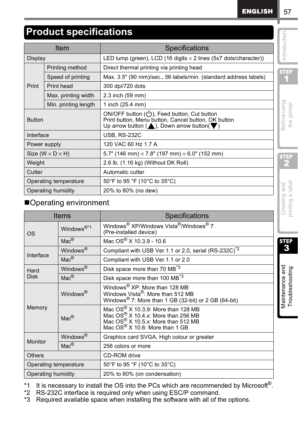 Product specifications, Operating environment, Item specifications | Items specifications | Brother QL-650TD User Manual | Page 57 / 121