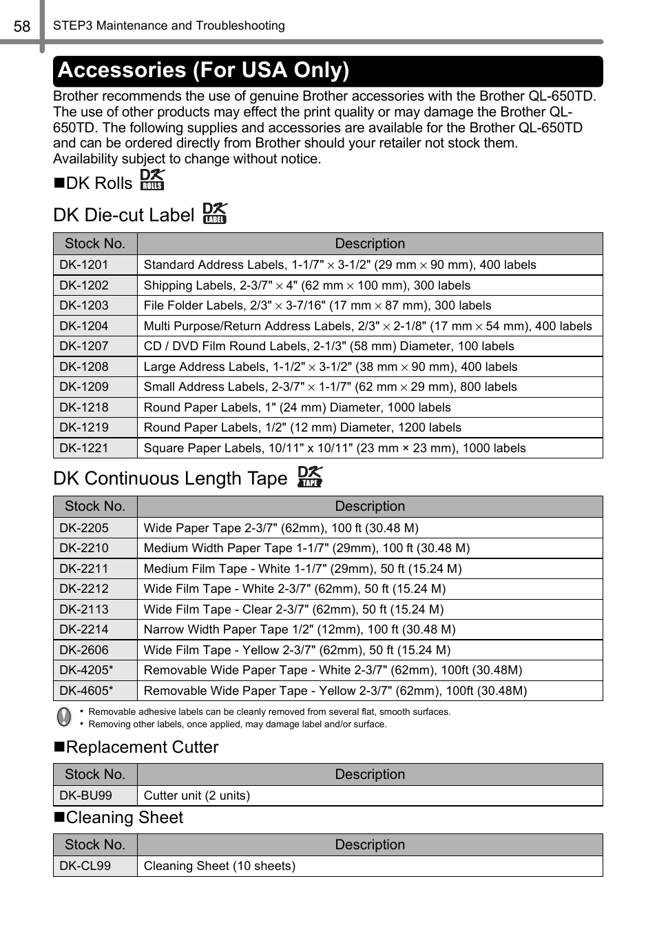 Accessories (for usa only), Dk die-cut label dk continuous length tape, Dk rolls | Replacement cutter  cleaning sheet | Brother QL-650TD User Manual | Page 58 / 121