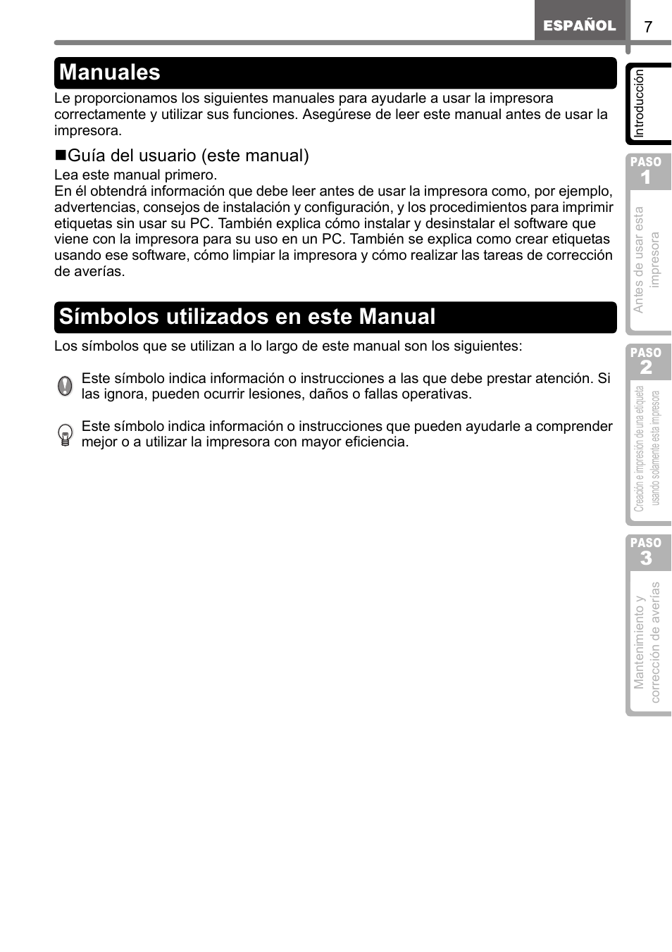 Manuales, Símbolos utilizados en este manual, Manuales símbolos utilizados en este manual | Guía del usuario (este manual) | Brother QL-650TD User Manual | Page 65 / 121