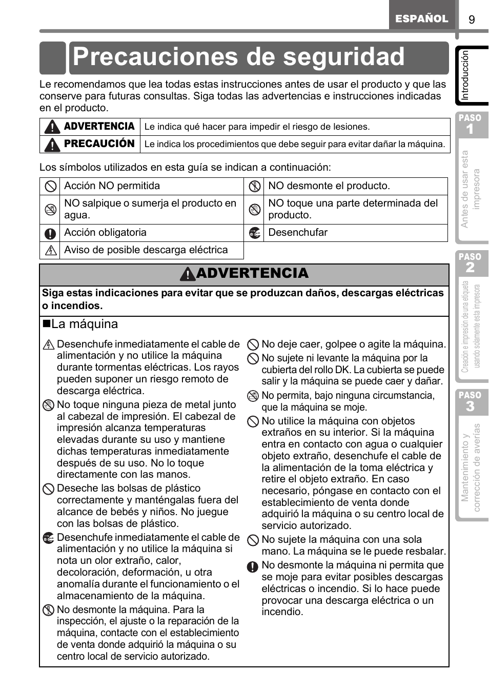 Precauciones de seguridad, Advertencia, La máquina | Brother QL-650TD User Manual | Page 67 / 121