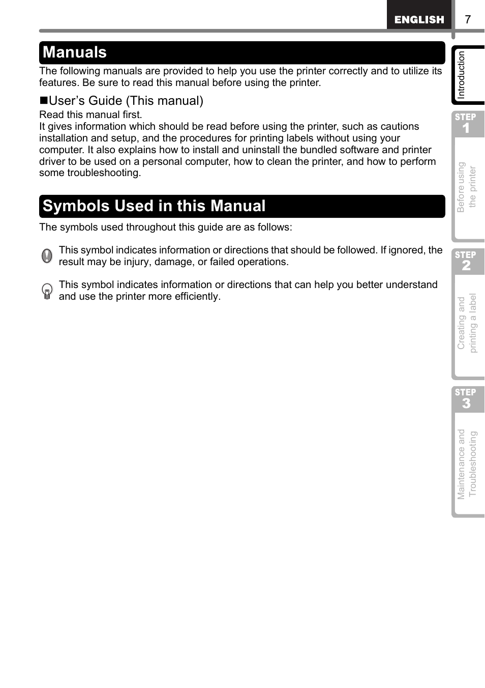 Manuals, Symbols used in this manual, Manuals symbols used in this manual | User’s guide (this manual) | Brother QL-650TD User Manual | Page 7 / 121