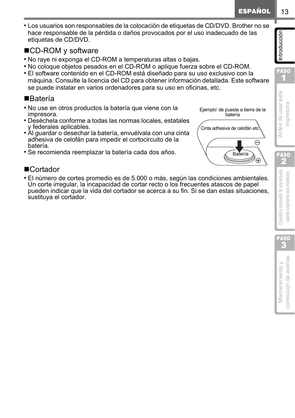 Cd-rom y software, Batería, Cortador | Brother QL-650TD User Manual | Page 71 / 121