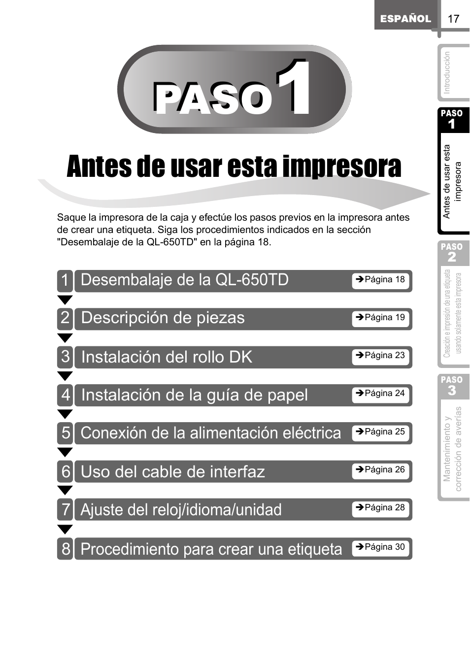 Antes de usar esta impresora, S de, Usar | Impres, Impr, Esora, Step, Paso, Desembalaje de la ql-650td, Descripción de piezas | Brother QL-650TD User Manual | Page 75 / 121