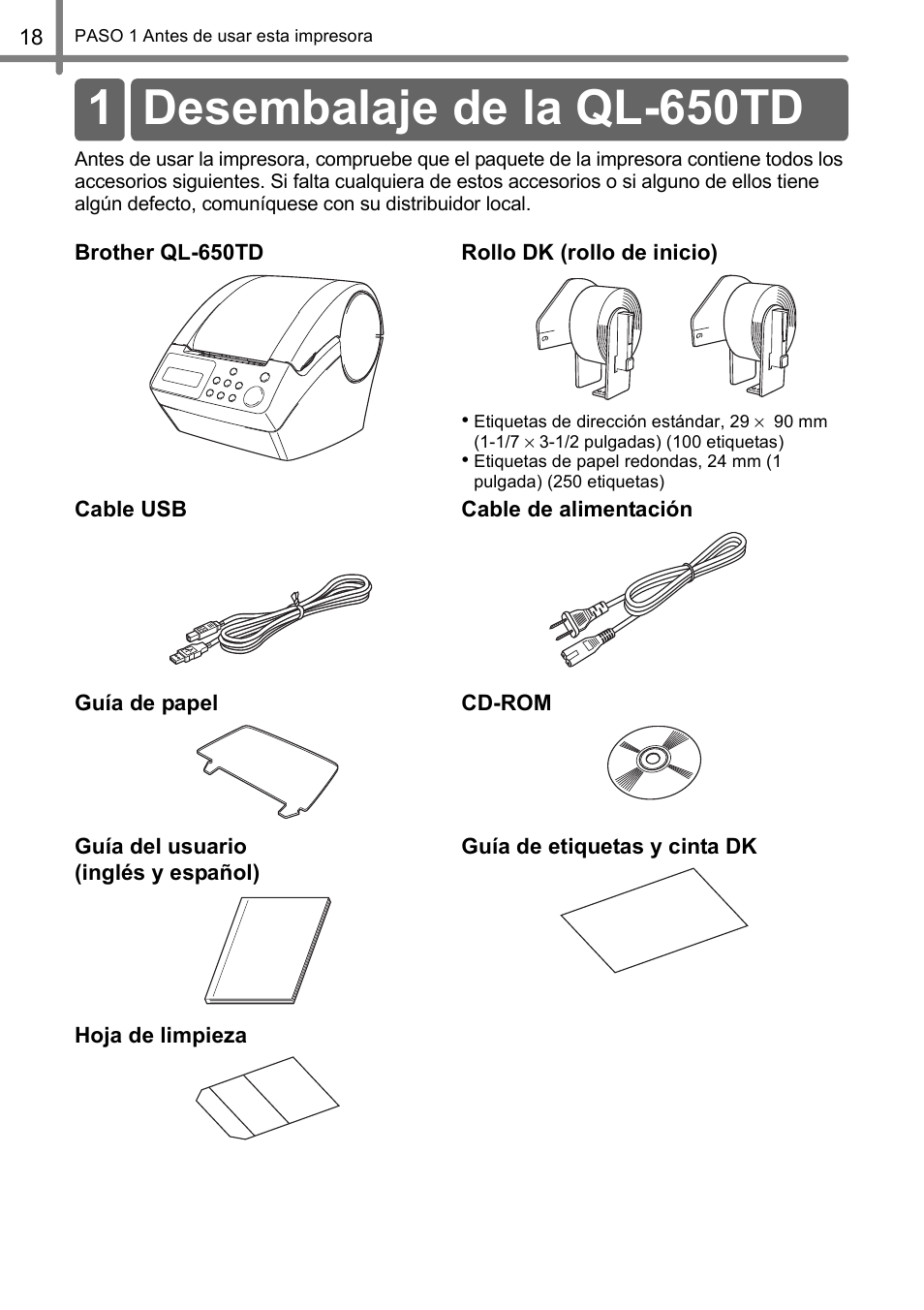 Desembalaje de la ql-650td, 1 desembalaje de la ql-650td | Brother QL-650TD User Manual | Page 76 / 121