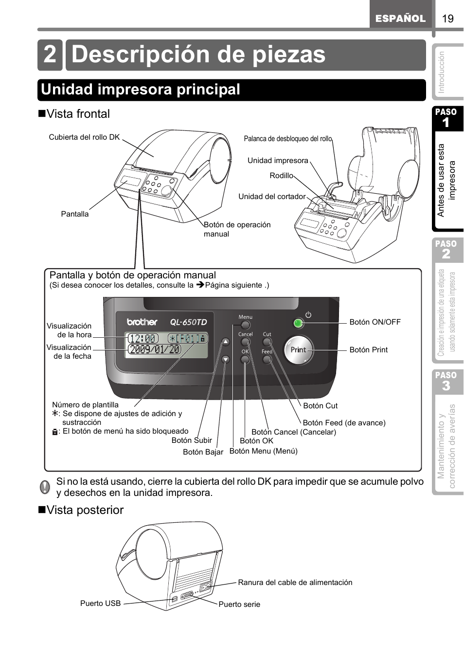 Descripción de piezas, Unidad impresora principal, 2 descripción de piezas | Vista frontal, Vista posterior | Brother QL-650TD User Manual | Page 77 / 121