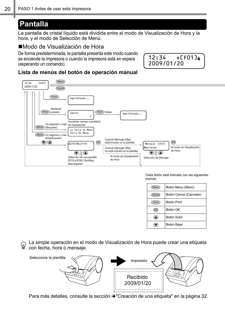 Pantalla, Modo de visualización de hora, Lista de menús del botón de operación manual | Creación de una etiqueta" en la página 32 | Brother QL-650TD User Manual | Page 78 / 121