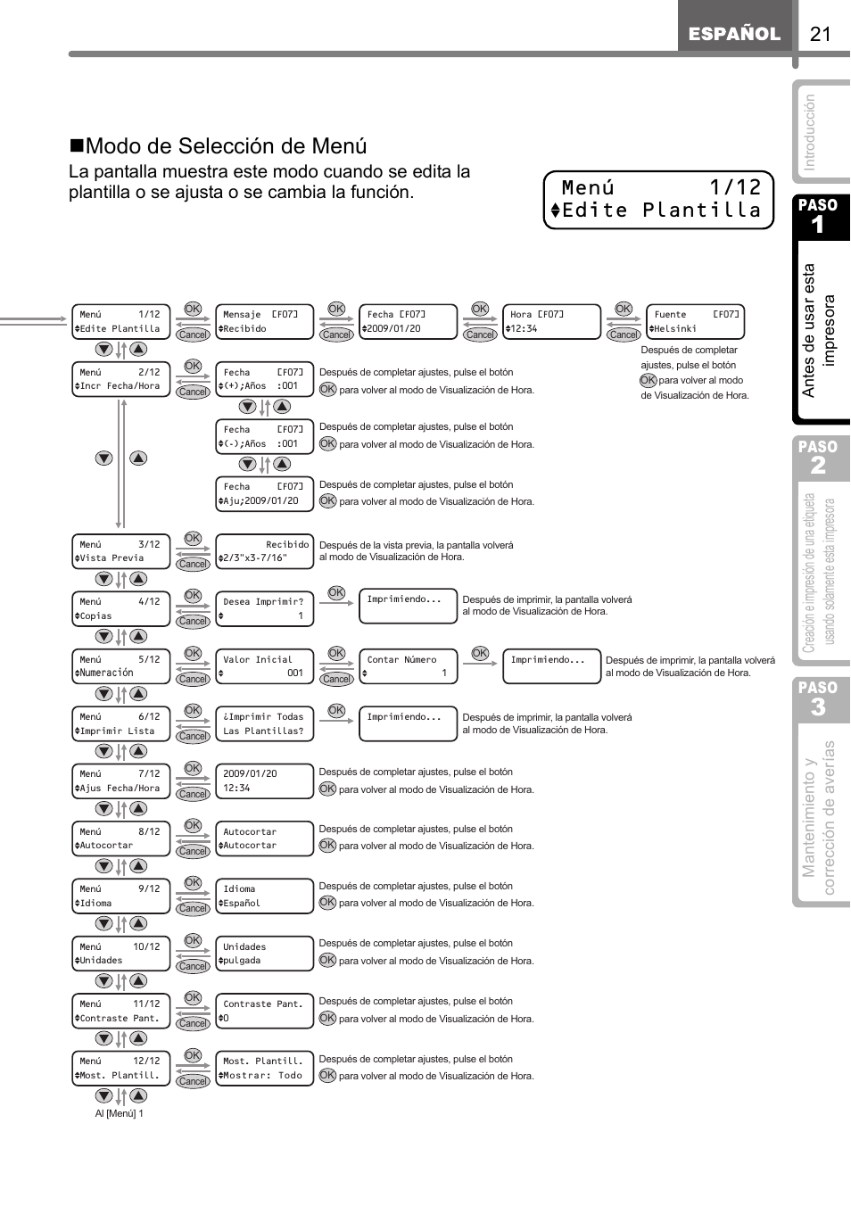 Modo de selección de menú, Menú 1/12 edite plantilla, Paso | An te s de usar est a impres ora | Brother QL-650TD User Manual | Page 79 / 121