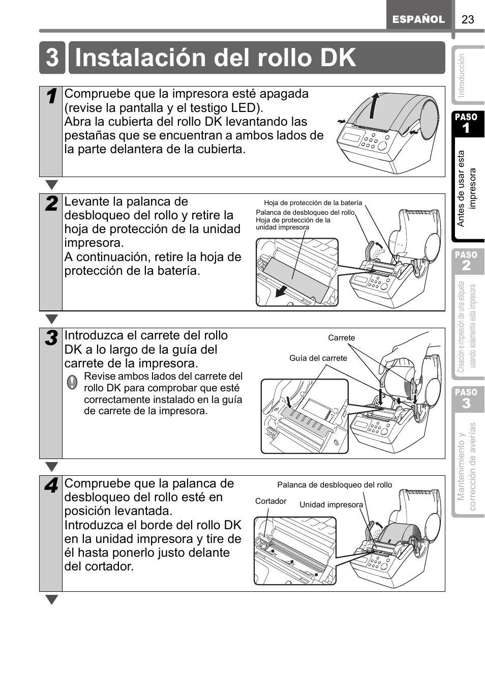 Instalación del rollo dk, 3 instalación del rollo dk | Brother QL-650TD User Manual | Page 81 / 121