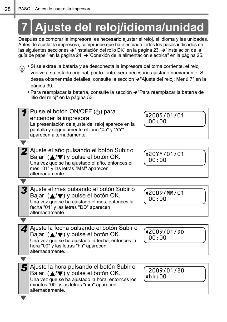 Ajuste del reloj/idioma/unidad, 7 ajuste del reloj/idioma/unidad | Brother QL-650TD User Manual | Page 86 / 121