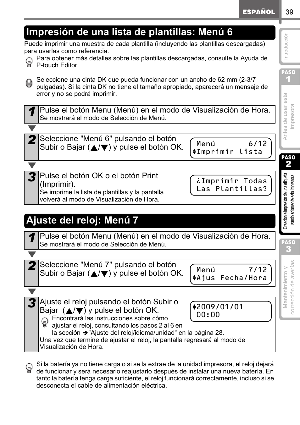 Impresión de una lista de plantillas: menú 6, Ajuste del reloj: menú 7, Ajuste del reloj: menú 7" en la | Brother QL-650TD User Manual | Page 97 / 121