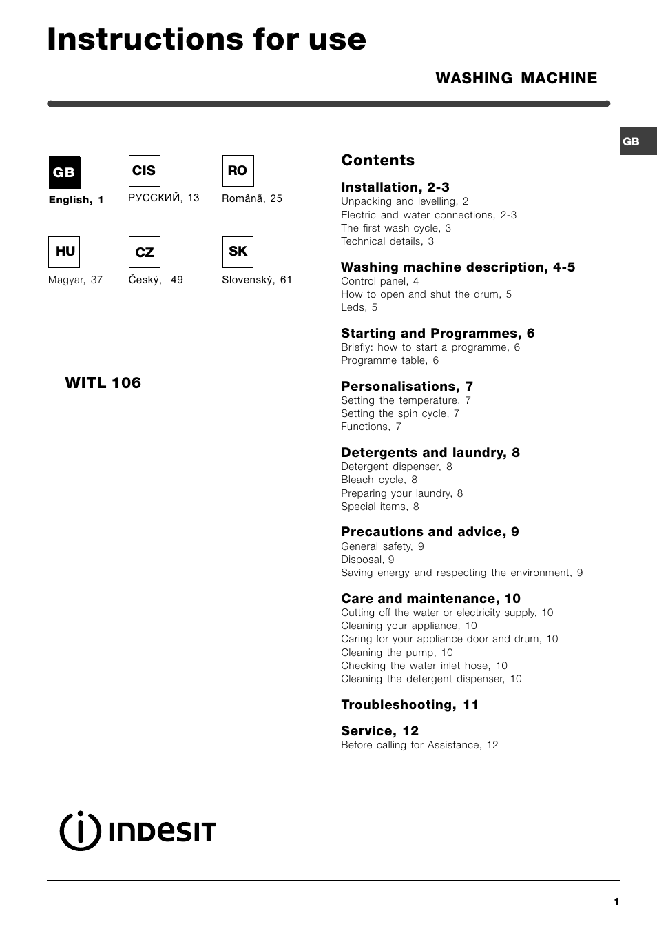Indesit WITL 106 User Manual | 72 pages