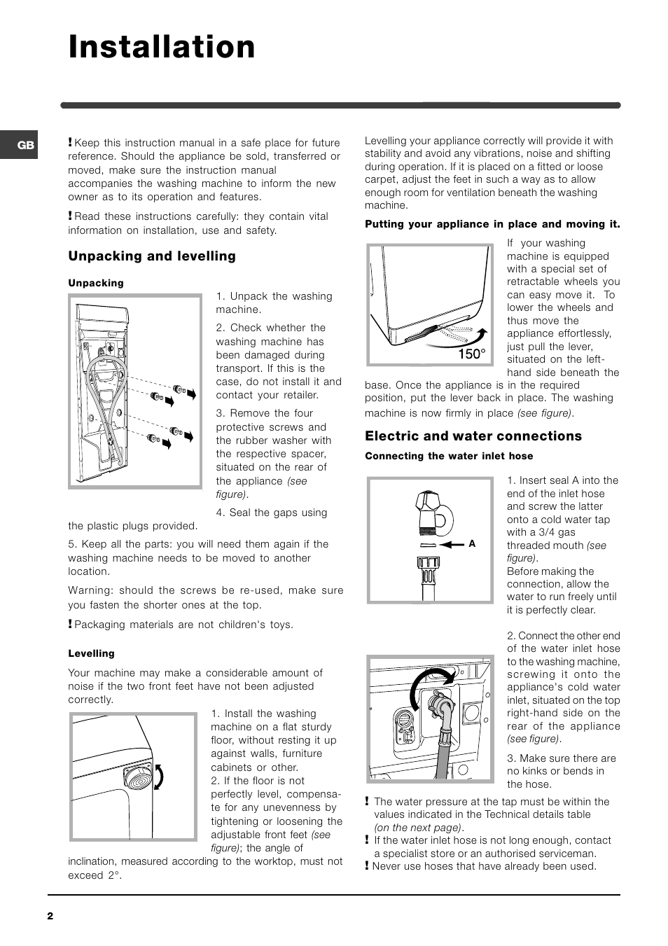 Installation, Unpacking and levelling, Electric and water connections | Indesit WITL 106 User Manual | Page 2 / 72