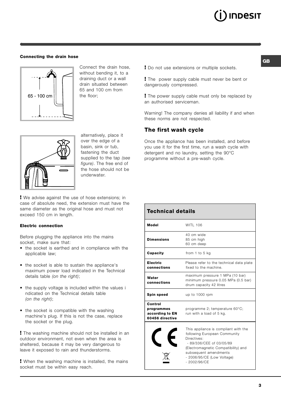 The first wash cycle, Technical details | Indesit WITL 106 User Manual | Page 3 / 72