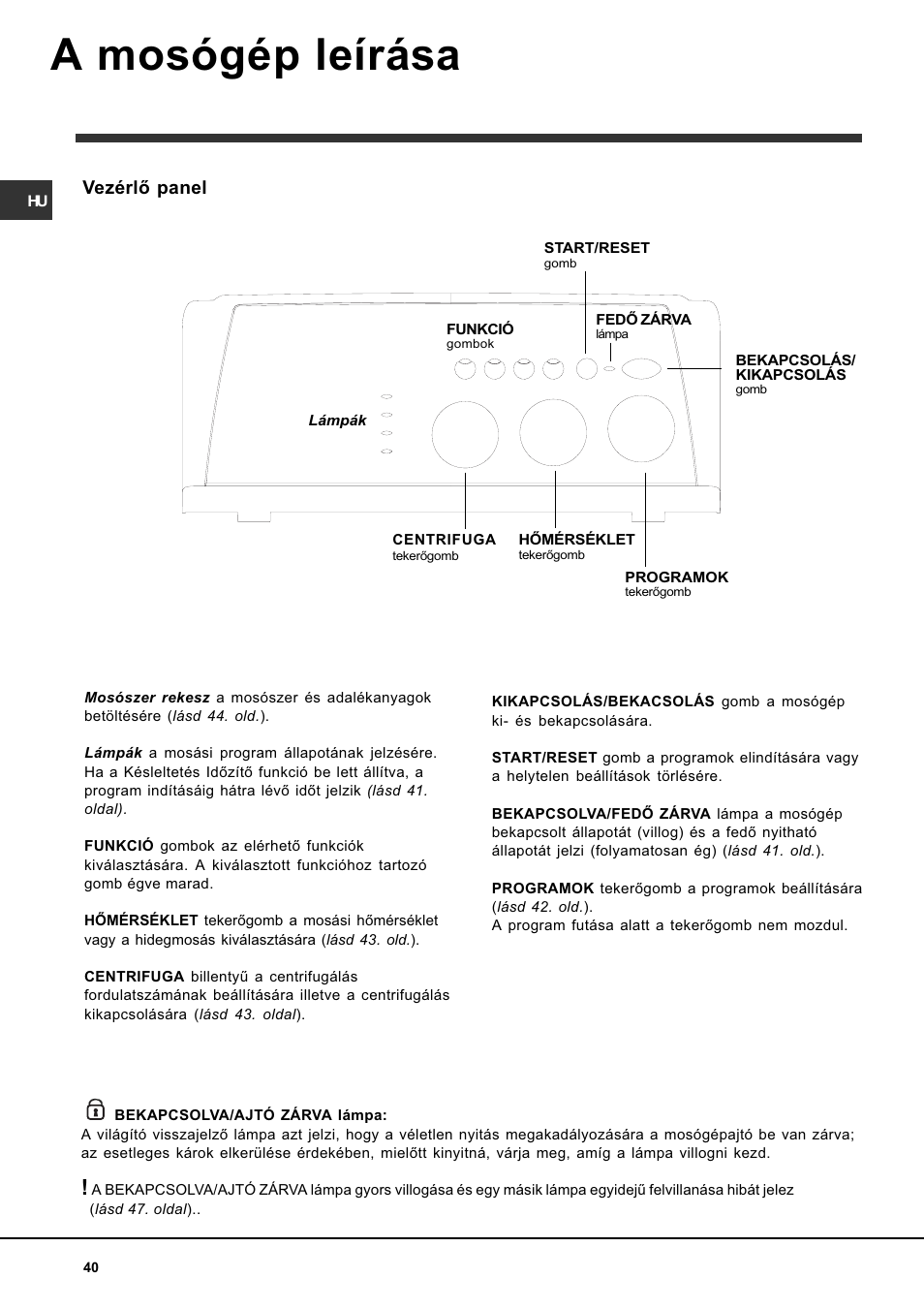 A mosógép leírása, Vezérlõ panel | Indesit WITL 106 User Manual | Page 40 / 72