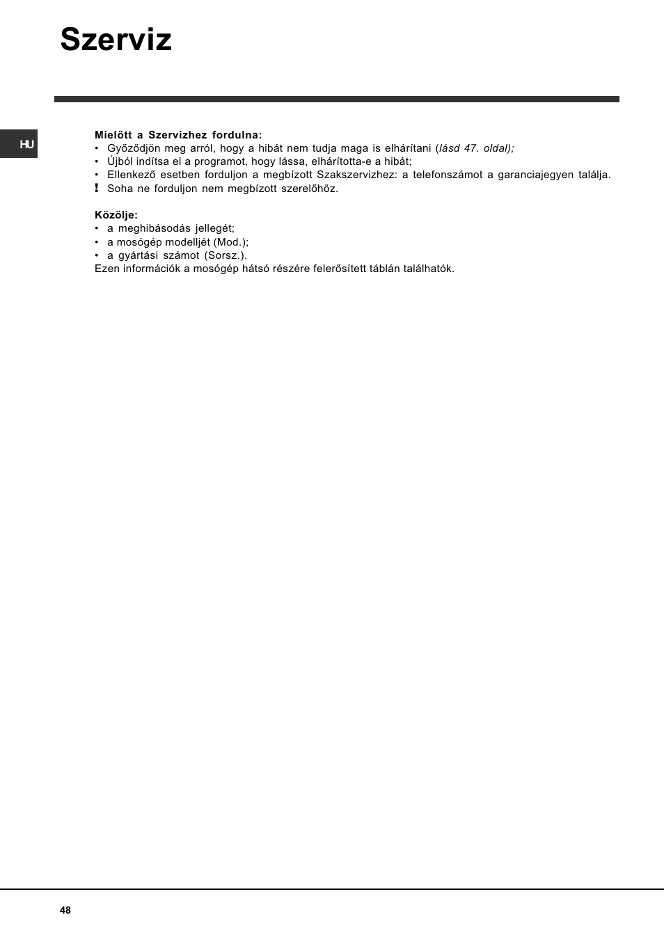 Szerviz | Indesit WITL 106 User Manual | Page 48 / 72