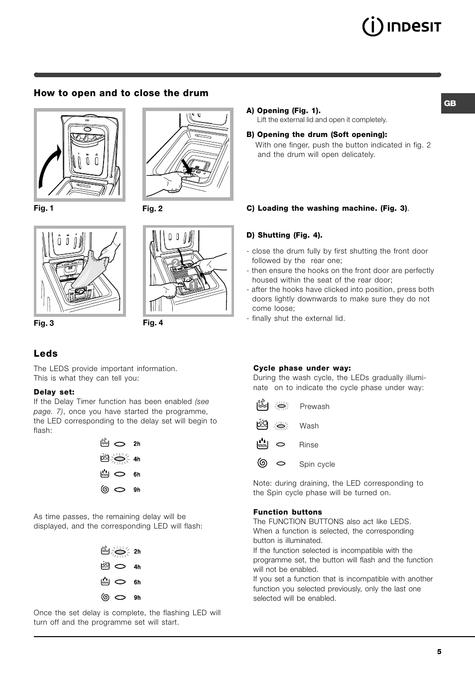 Leds, How to open and to close the drum | Indesit WITL 106 User Manual | Page 5 / 72