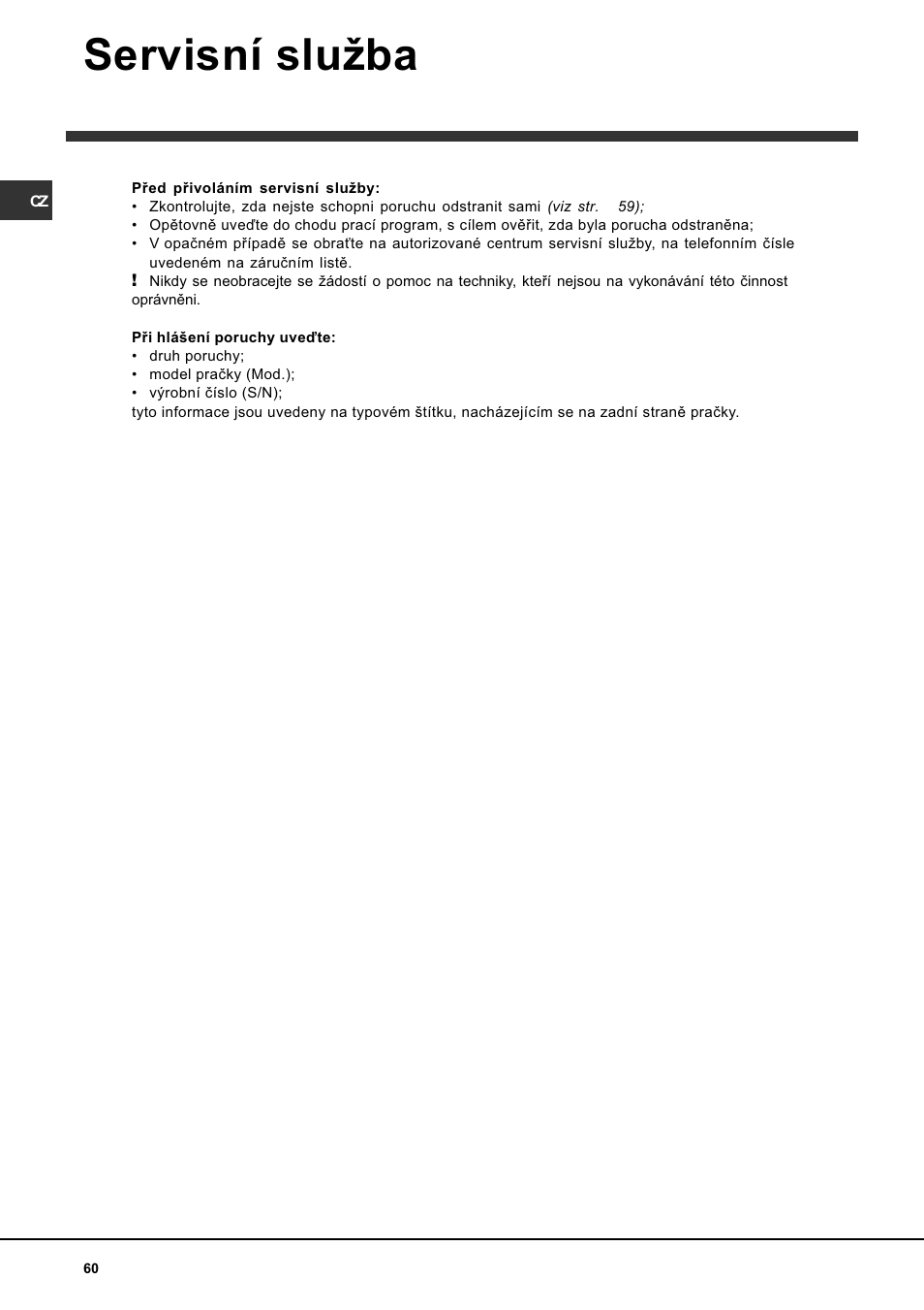 Servisní sluba | Indesit WITL 106 User Manual | Page 60 / 72
