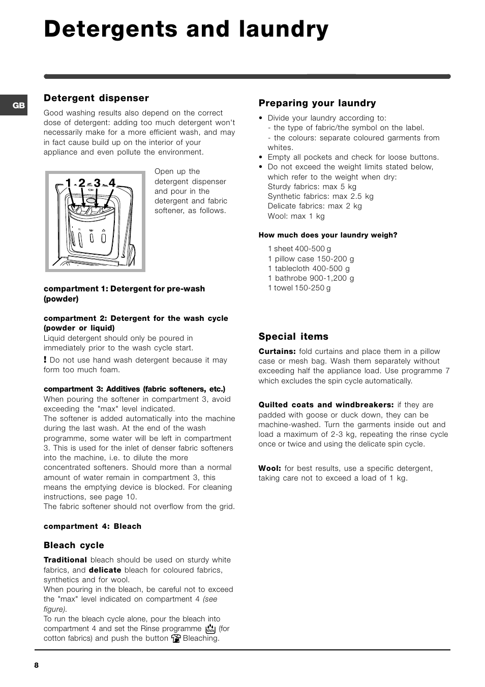 Detergents and laundry | Indesit WITL 106 User Manual | Page 8 / 72