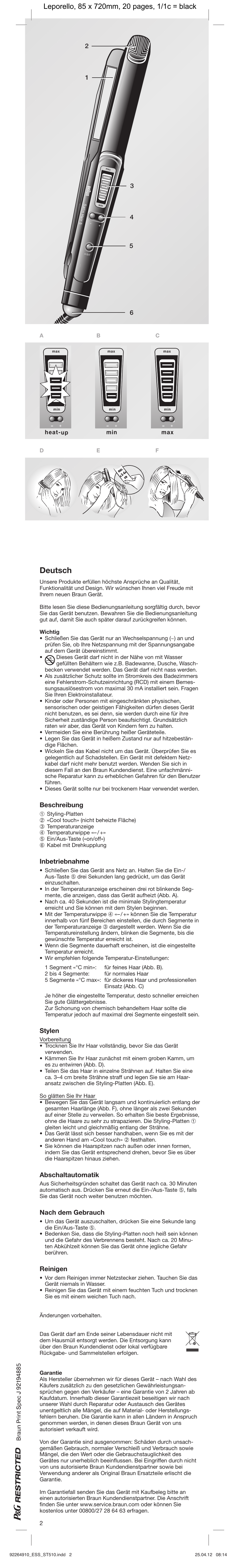 Deutsch, Beschreibung, Inbetriebnahme | Stylen, Abschaltautomatik, Nach dem gebrauch, Reinigen | Braun ESS Satin Hair 5 User Manual | Page 2 / 18