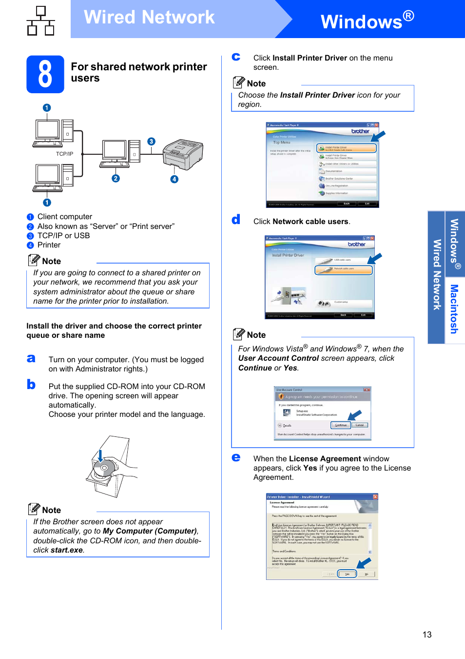 8 for shared network printer users, Windows, Wired network | For shared network printer users | Brother HL-3045CN User Manual | Page 13 / 28