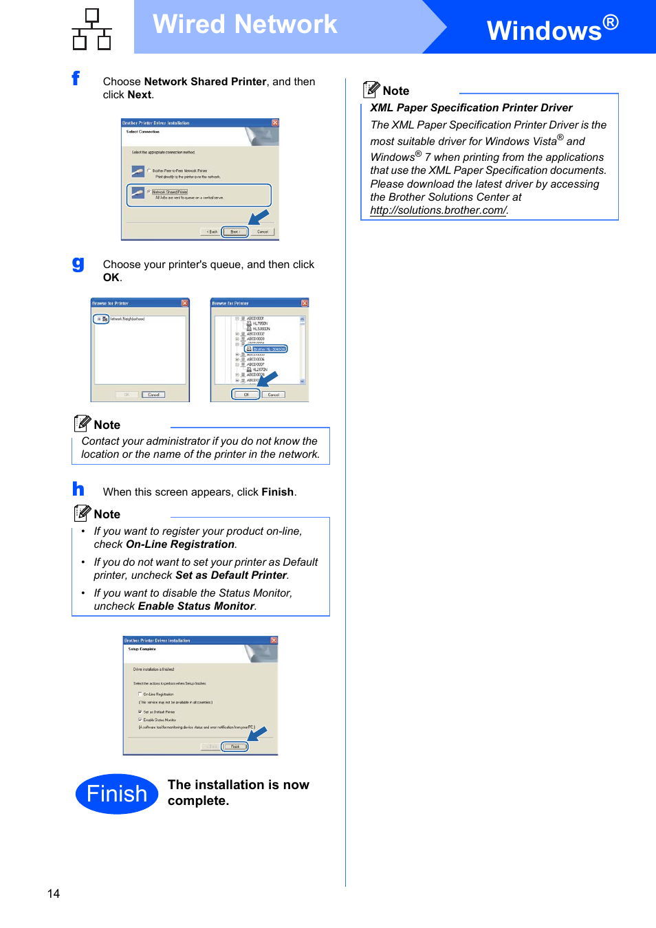 Windows, Wired network, Finish | Brother HL-3045CN User Manual | Page 14 / 28