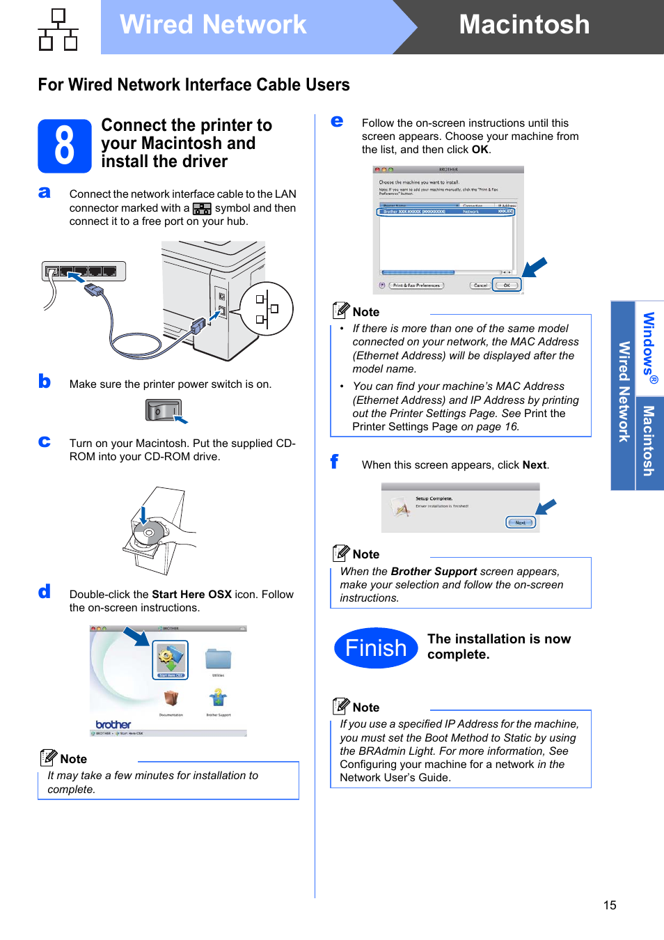 Macintosh wired network, Finish, For wired network interface cable users | Brother HL-3045CN User Manual | Page 15 / 28