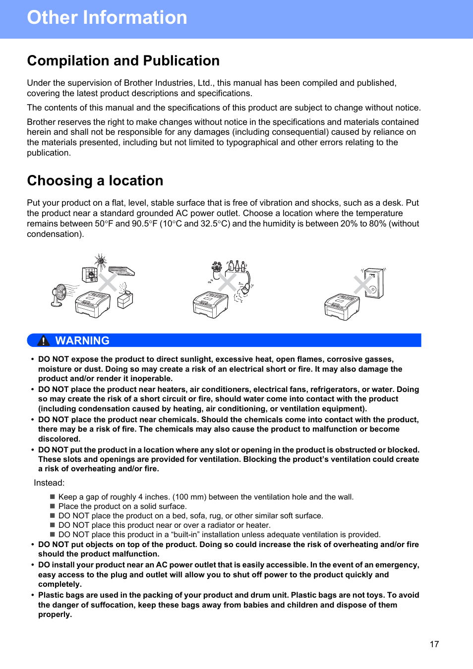 Other information, Compilation and publication, Choosing a location | Warning | Brother HL-3045CN User Manual | Page 17 / 28