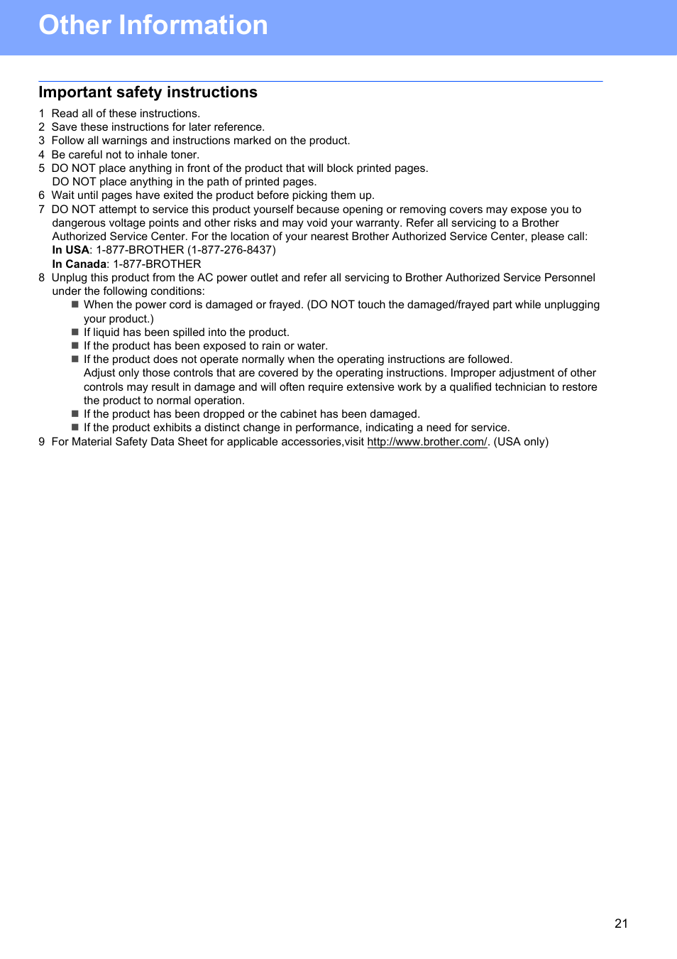 Important safety instructions, Other information | Brother HL-3045CN User Manual | Page 21 / 28