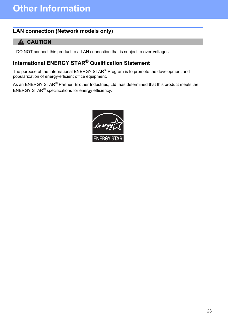 Lan connection (network models only), International energy star® qualification statement, Other information | Brother HL-3045CN User Manual | Page 23 / 28