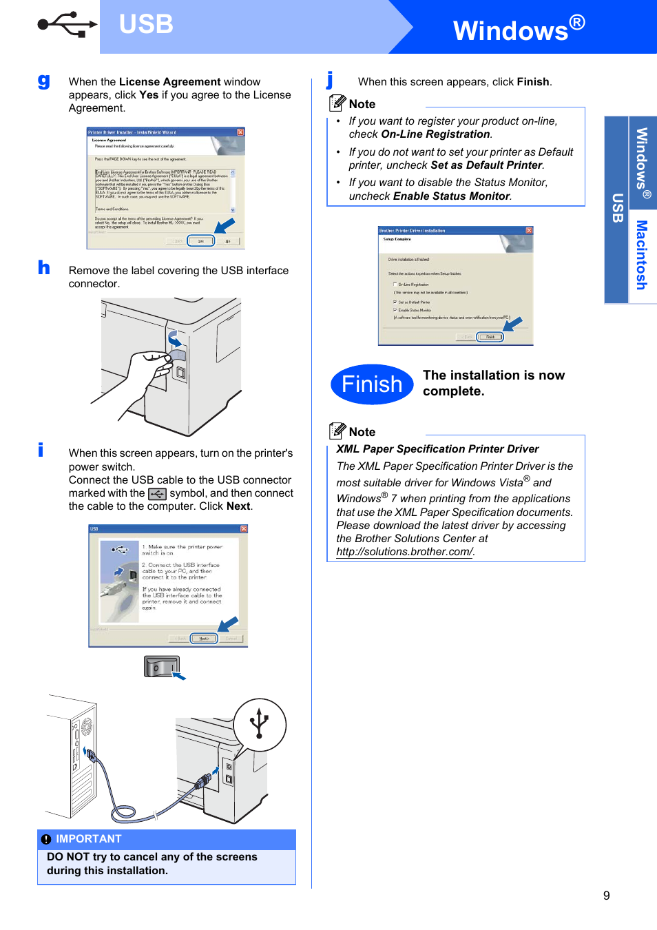 Windows, Finish | Brother HL-3045CN User Manual | Page 9 / 28