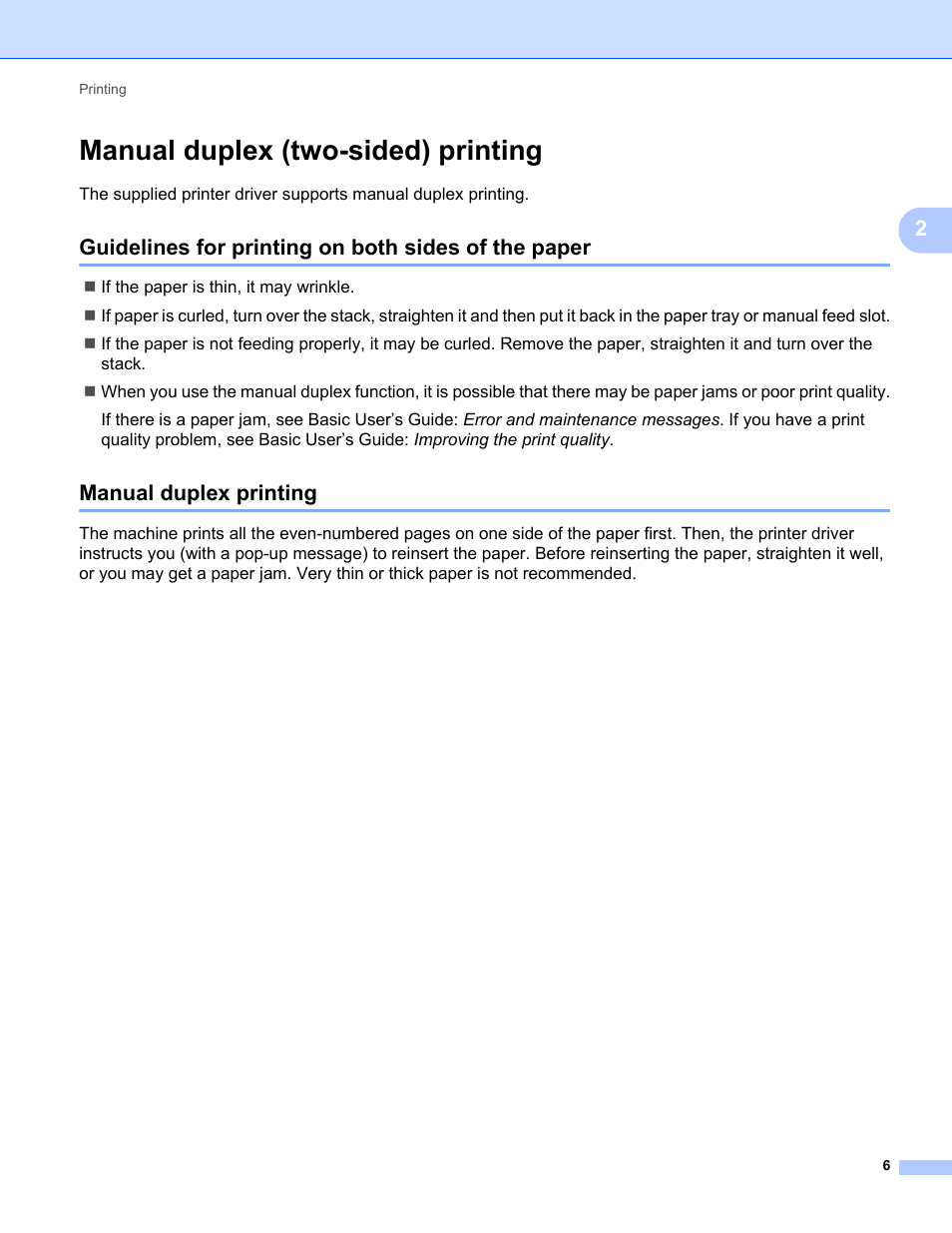 Manual duplex (two-sided) printing, Guidelines for printing on both sides of the paper, Manual duplex printing | Brother FAX-2840 User Manual | Page 11 / 86