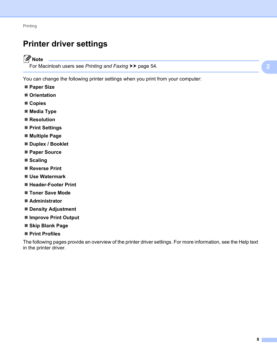 Printer driver settings | Brother FAX-2840 User Manual | Page 13 / 86