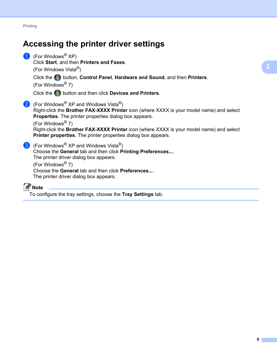 Accessing the printer driver settings | Brother FAX-2840 User Manual | Page 14 / 86