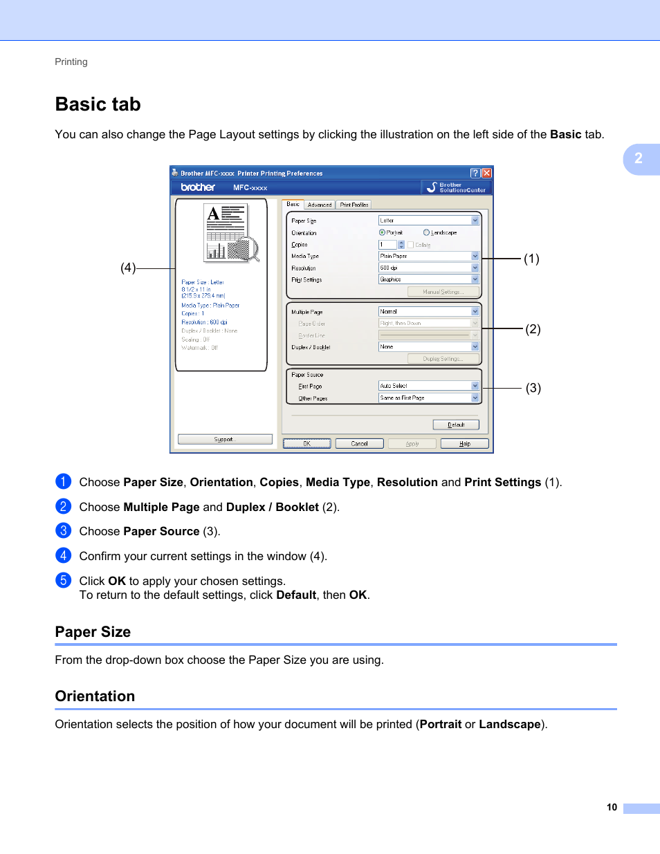 Basic tab, Paper size, Orientation | Paper size orientation | Brother FAX-2840 User Manual | Page 15 / 86