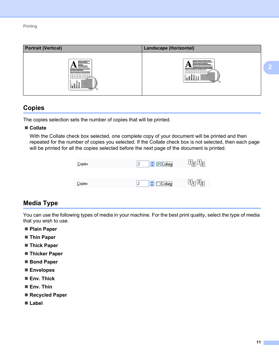 Copies, Media type, Copies media type | 2copies | Brother FAX-2840 User Manual | Page 16 / 86