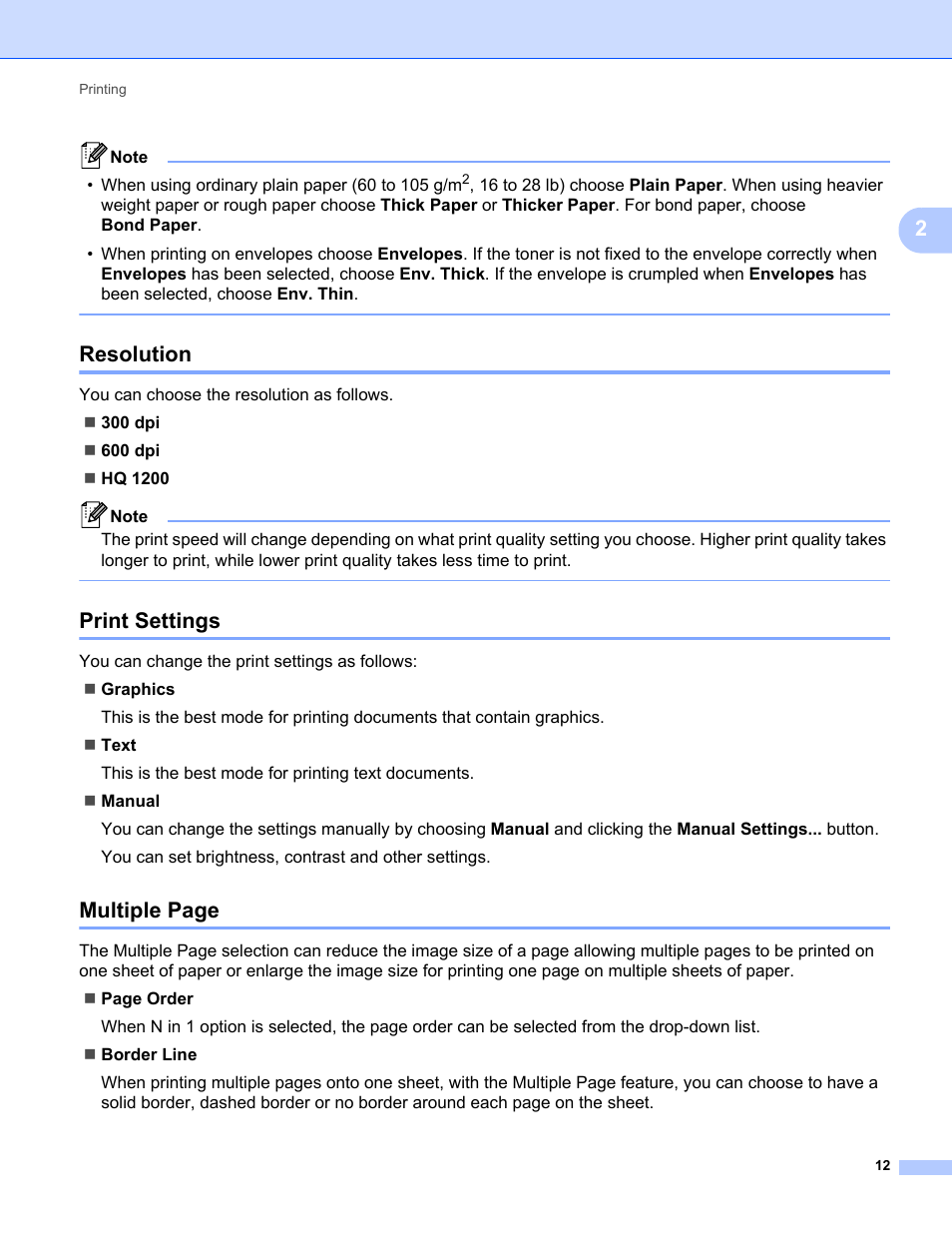 Resolution, Print settings, Multiple page | Brother FAX-2840 User Manual | Page 17 / 86