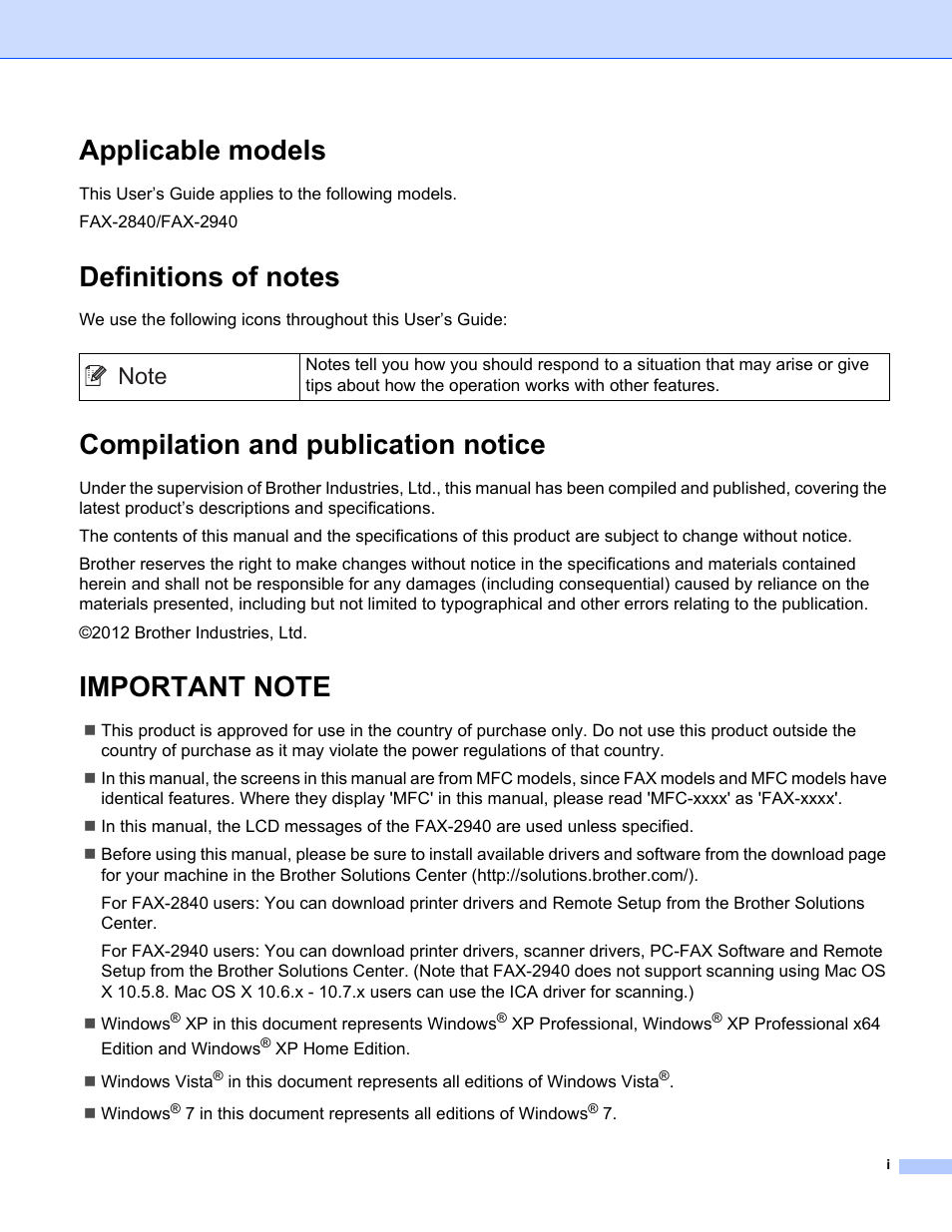 Applicable models, Definitions of notes, Compilation and publication notice | Important note | Brother FAX-2840 User Manual | Page 2 / 86