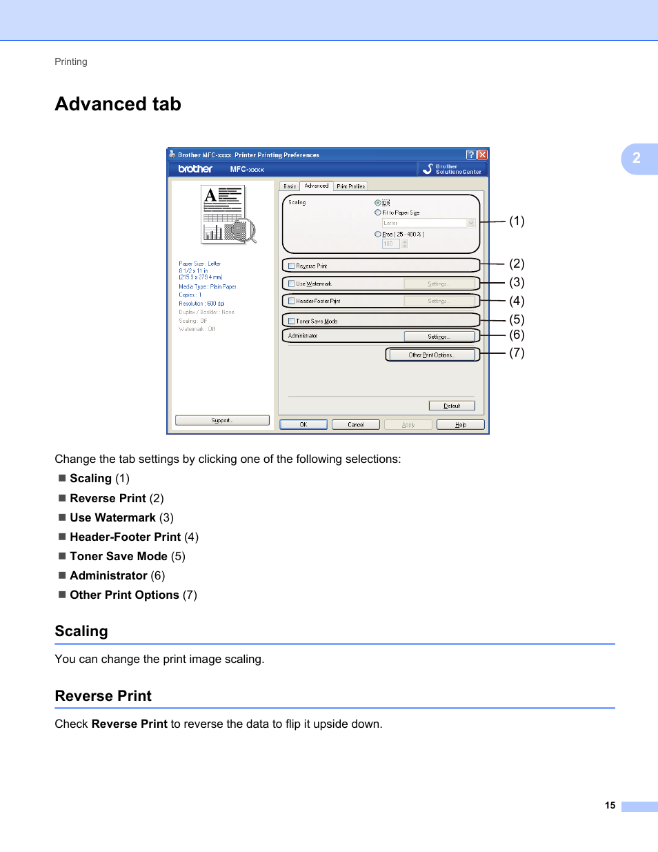 Advanced tab, Scaling, Reverse print | Scaling reverse print | Brother FAX-2840 User Manual | Page 20 / 86