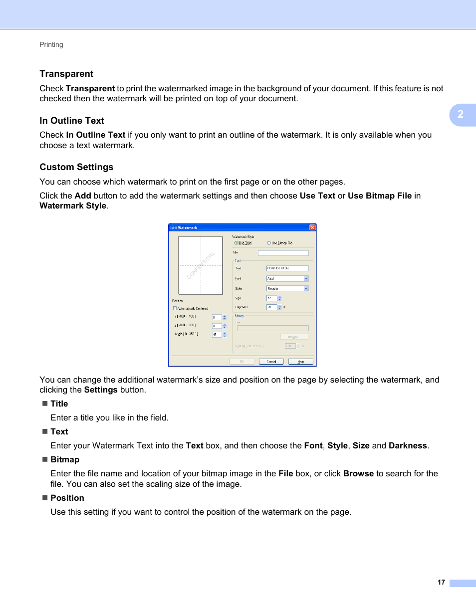 Transparent, In outline text, Custom settings | Brother FAX-2840 User Manual | Page 22 / 86