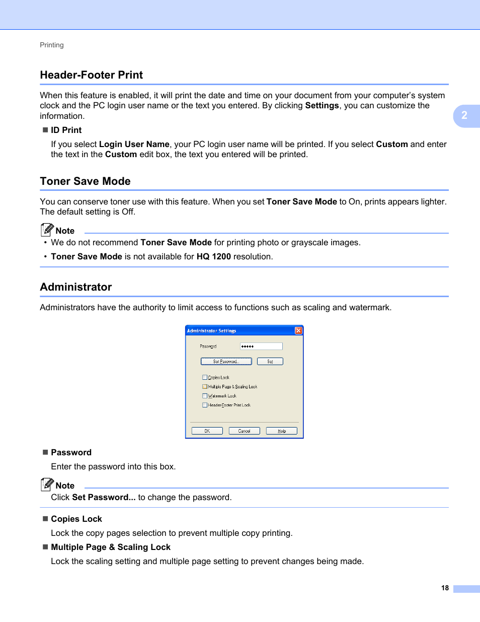 Header-footer print, Toner save mode, Administrator | Header-footer print toner save mode administrator, 2header-footer print | Brother FAX-2840 User Manual | Page 23 / 86