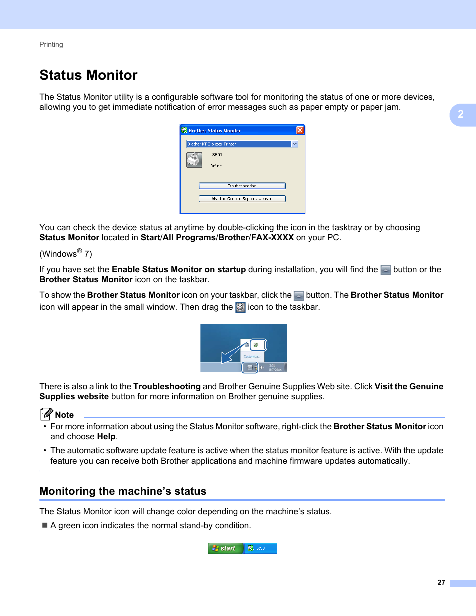 Status monitor, Monitoring the machine’s status | Brother FAX-2840 User Manual | Page 32 / 86