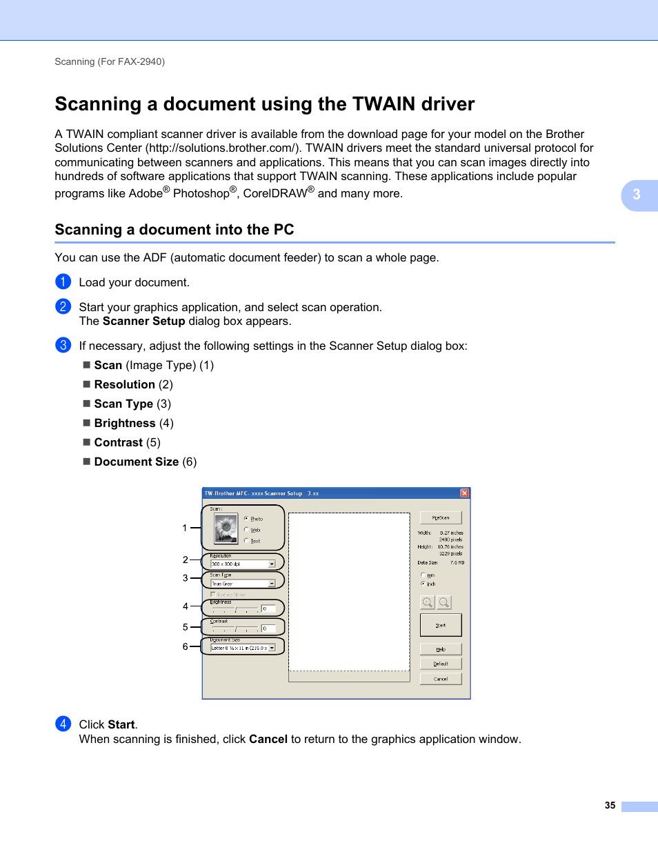 Scanning a document using the twain driver, Scanning a document into the pc | Brother FAX-2840 User Manual | Page 40 / 86