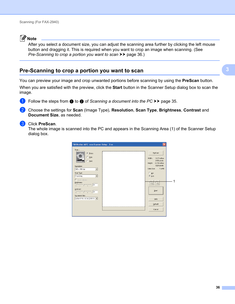 Pre-scanning to crop a portion you want to scan | Brother FAX-2840 User Manual | Page 41 / 86