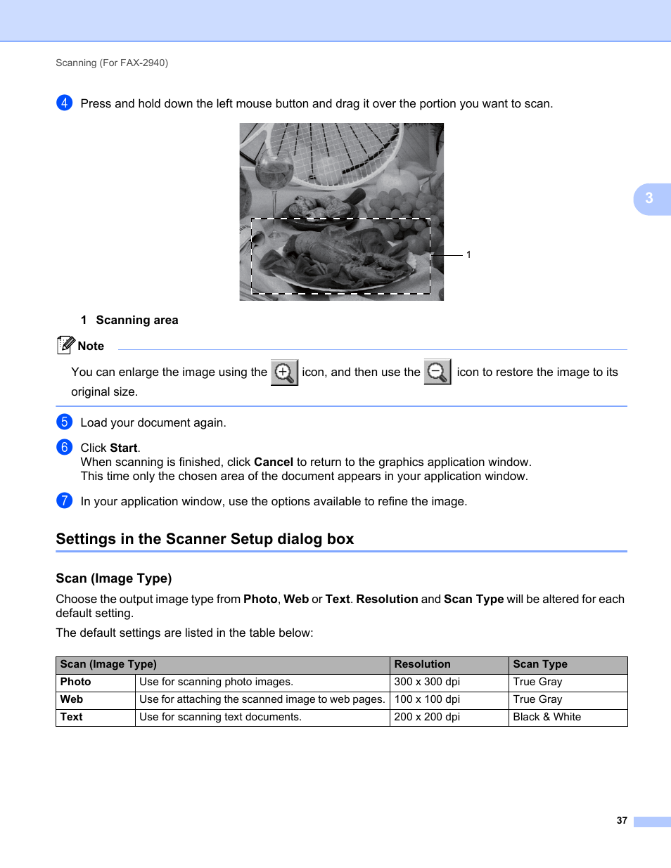 Settings in the scanner setup dialog box, Scan (image type) | Brother FAX-2840 User Manual | Page 42 / 86