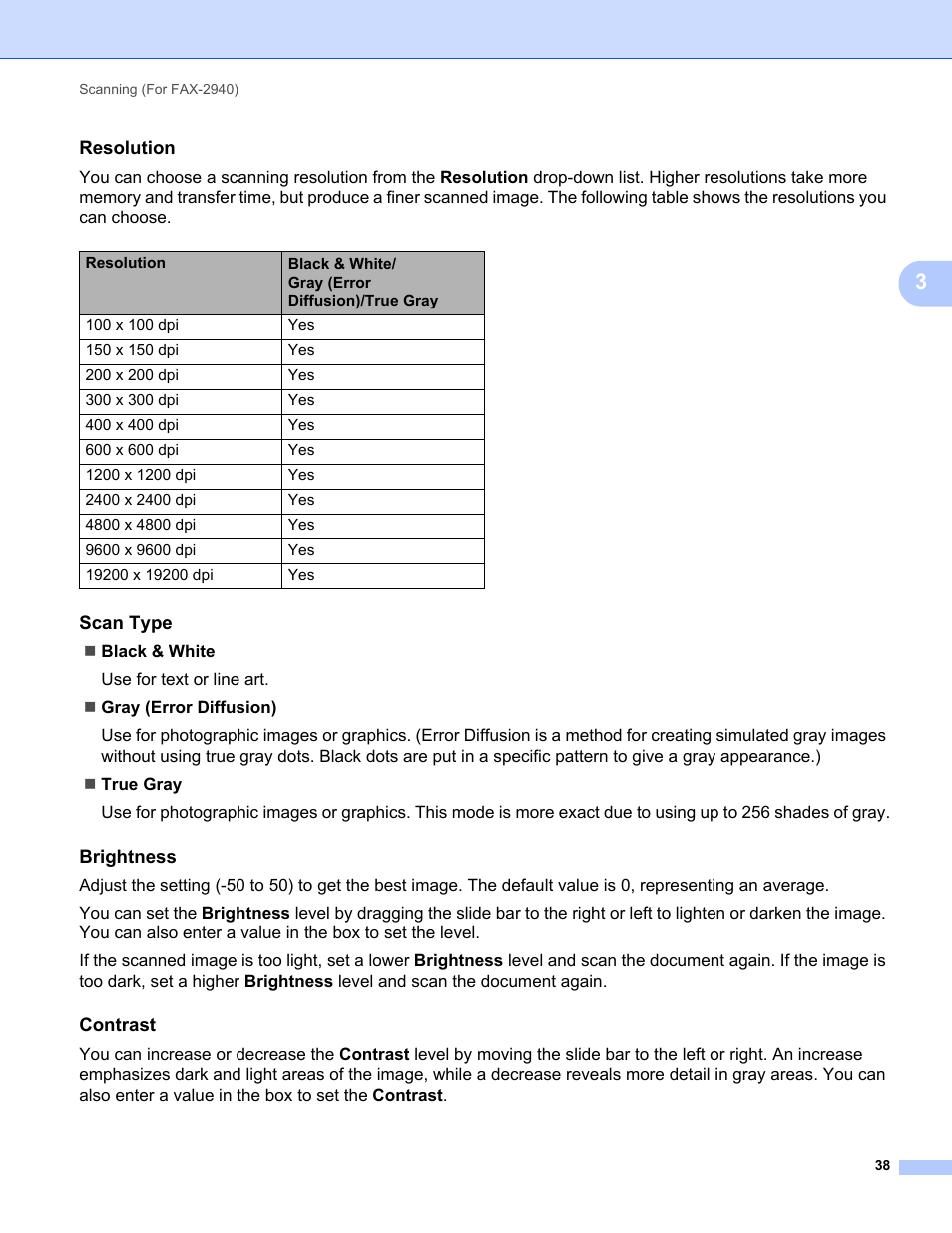 Resolution, Scan type, Brightness | Contrast | Brother FAX-2840 User Manual | Page 43 / 86