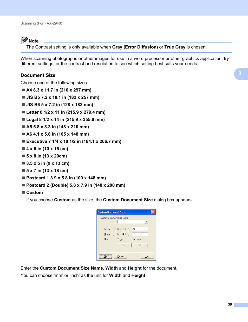 Document size | Brother FAX-2840 User Manual | Page 44 / 86