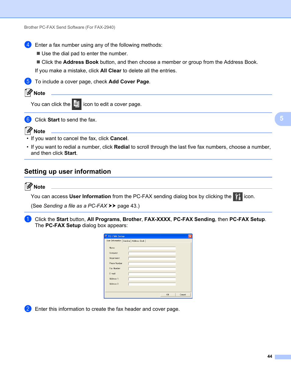 Setting up user information | Brother FAX-2840 User Manual | Page 49 / 86