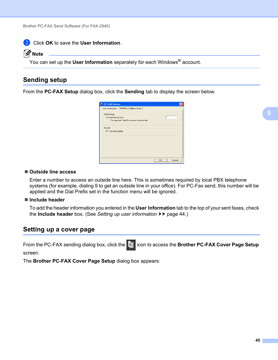 Sending setup, Setting up a cover page | Brother FAX-2840 User Manual | Page 50 / 86